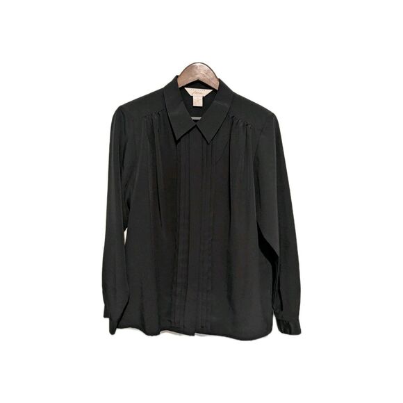 Vintage 80s Black Poly Pleated Front Secretary Blouse 12 L Padded Shoulder - Picture 1 of 4